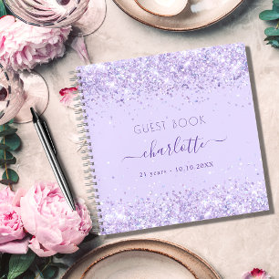 Guest book birthday violet lavender glitter name