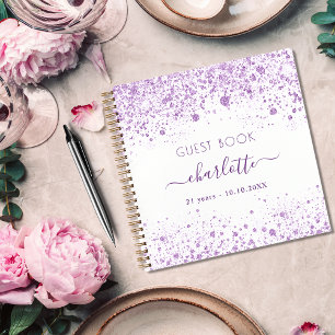 Guest book birthday violet white glitter monogram