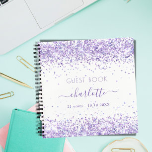 Guest book birthday violet white lavender glitter