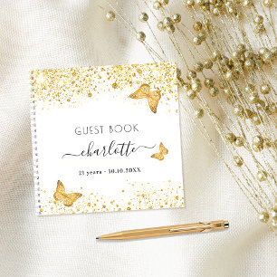 Guest book birthday white gold butterflies glitter