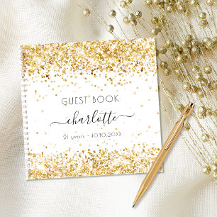 Guest book birthday white gold glitter monogram