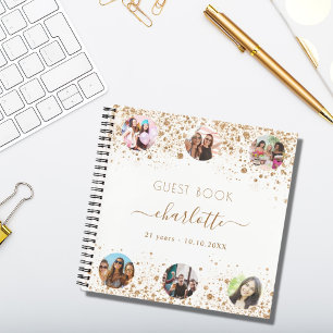 Guest book birthday white gold glitter name photo