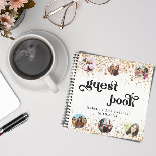 Guest book birthday white gold glitter name photo