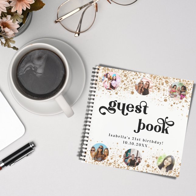 Guest book birthday white gold glitter name photo (Creator Uploaded)