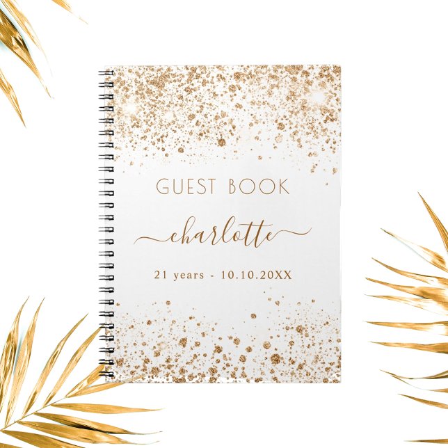 Guest book birthday white gold glitter name script (Creator Uploaded)