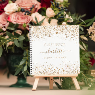 Guest book birthday white gold glitter name script