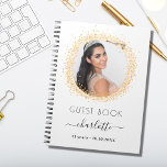 Guest book birthday white gold glitter photo<br><div class="desc">A guest book for a feminine and glamourous 21st (or any age) birthday party.  A stylish white background with faux gold glitter sparkles round the photo.  Add your name,  age 21,  date and a photo.</div>