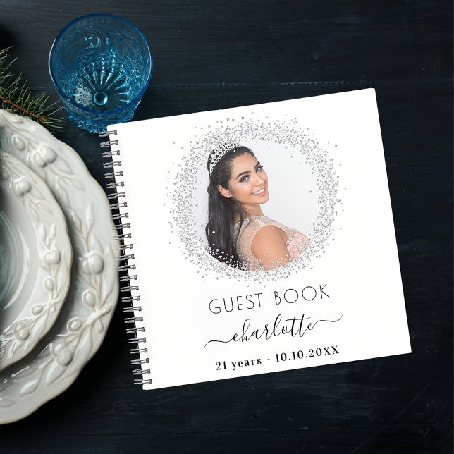 Guest book birthday white silver glitter photo (Creator Uploaded)