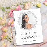 Guest book birthday white silver glitter photo<br><div class="desc">A guest book for a feminine and glamourous 21st (or any age) birthday party.  A stylish white background with faux silver glitter sparkles round the photo.  Add your name,  age 21,  date and a photo.</div>