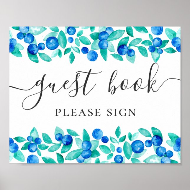 Guest book. Blue mint blueberries script wedding Poster (Front)