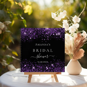 Guest book bridal shower black purple glitter name