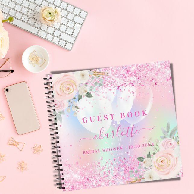 Guest book bridal shower pink florals holographic (Creator Uploaded)