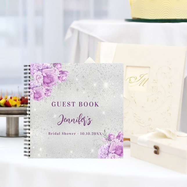 Guest book Bridal Shower silver pink violet flower (Creator Uploaded)