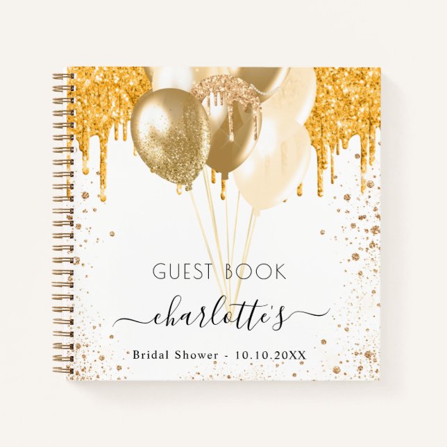 Guest book bridal shower white gold glitter name (Front)
