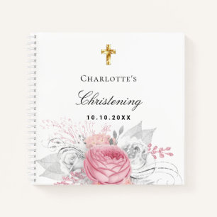 Guest book christening pink baby girl floral white