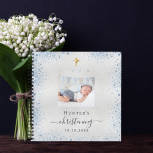 Guest book christening silver blue boy photo
