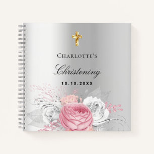 Guest book christening silver pink girl flowers