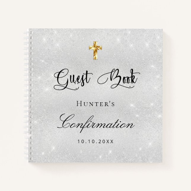 Guest book confirmation silver glitter name script (Front)