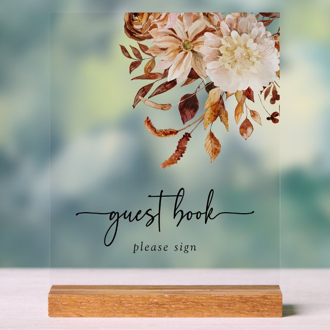 Guest Book Fall Acrylic Sign (Terracotta Copper Tone Fall Floral Wedding Guest Book  Acrylic Sign by Painted Paperie
)