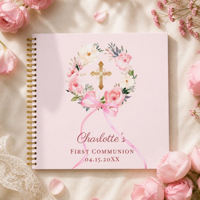 Guest book First Communion blush pink bow florals (Creator Uploaded)