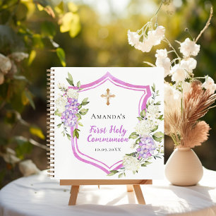 Guest book First Communion crest pink flowers