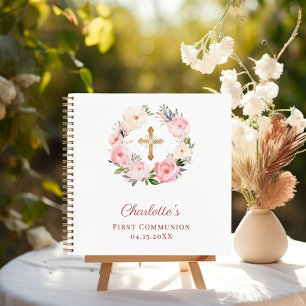 Guest book First Communion floral wreath pink