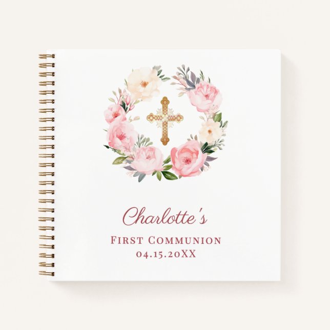 Guest book First Communion floral wreath pink (Front)