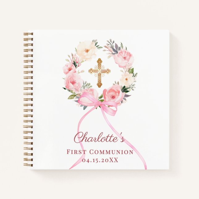 Guest book First Communion floral wreath pink bow (Front)