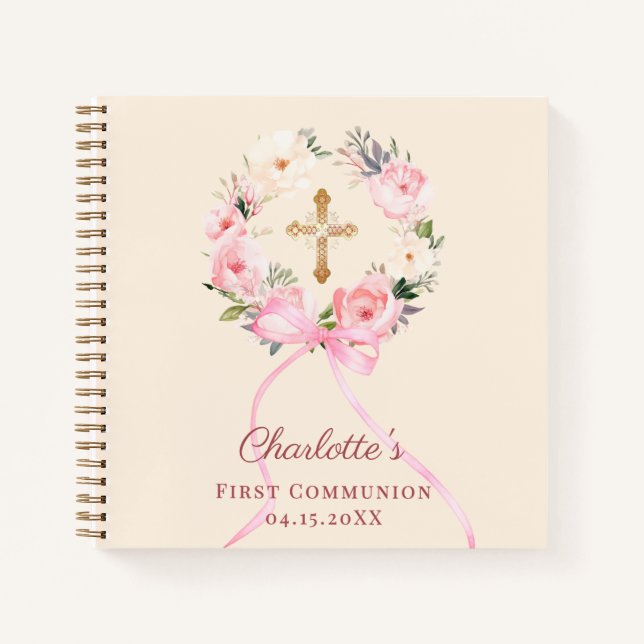 Guest book First Communion ivory blush bow floral (Front)
