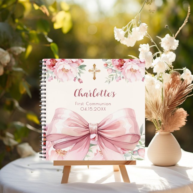Guest book First Communion pink bow cream florals (Creator Uploaded)