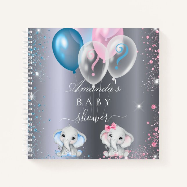 Guest book gender reveal party elephants silver (Front)