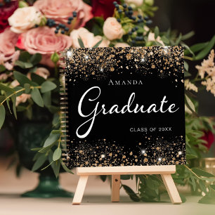 Guest book graduate black gold glitter name