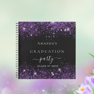 Guest book graduation black purple glitter dust