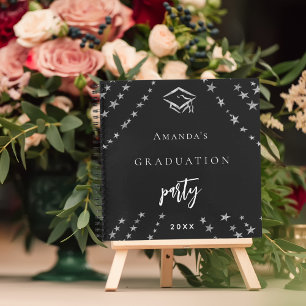 Guest book graduation black silver stars
