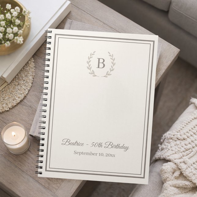 Guest Book ivory taupe Monogram Birthday budget (Creator Uploaded)