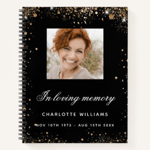 Guest book memorial black gold glitter photo