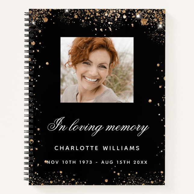 Guest book memorial black gold glitter photo (Front)