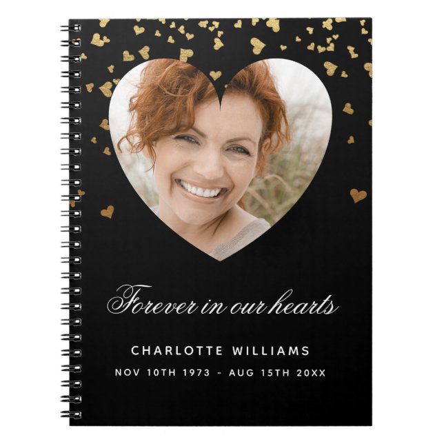 Guest book memorial black gold hearts photo (Front)