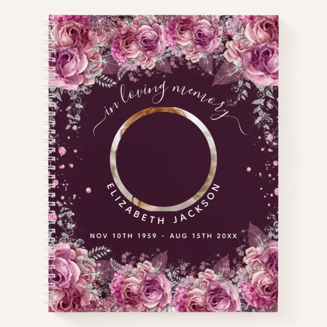 Guest book memorial burgundy florals photo funeral (Front)