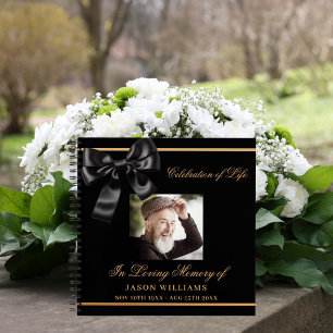 Guest book memorial funeral black bow gold photo