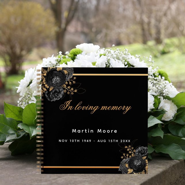Guest book memorial funeral black gold floral (Creator Uploaded)