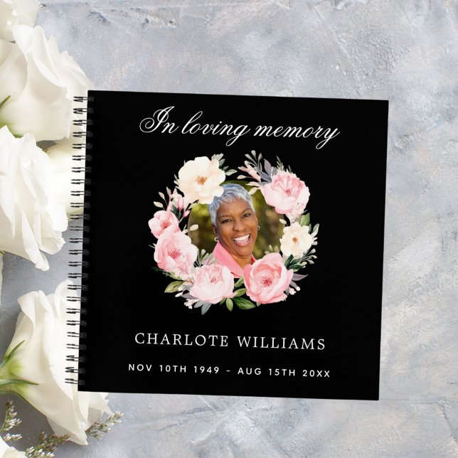Guest book memorial funeral black photo florals (Creator Uploaded)