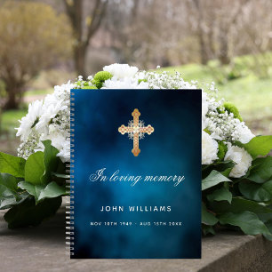 Guest book memorial funeral blue sky gold cross