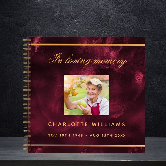 Guest book memorial funeral burgundy gold photo (Creator Uploaded)