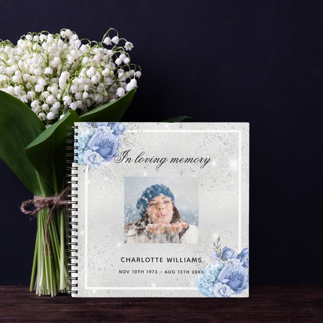 Guest book memorial funeral silver floral photo (Creator Uploaded)