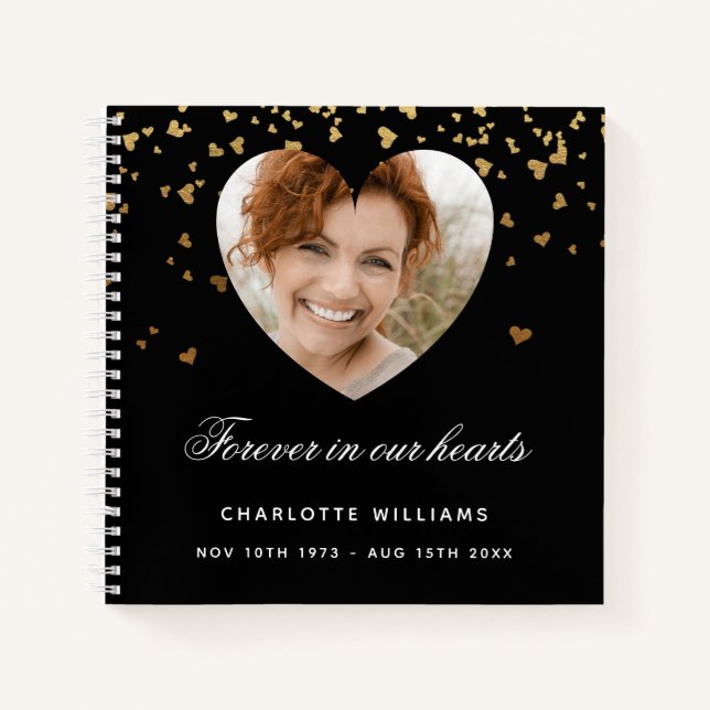Guest book memorial photo black gold hearts (Front)