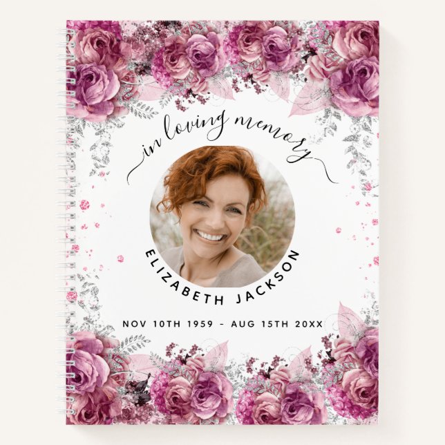 Guest book memorial pink floral photo funeral (Front)