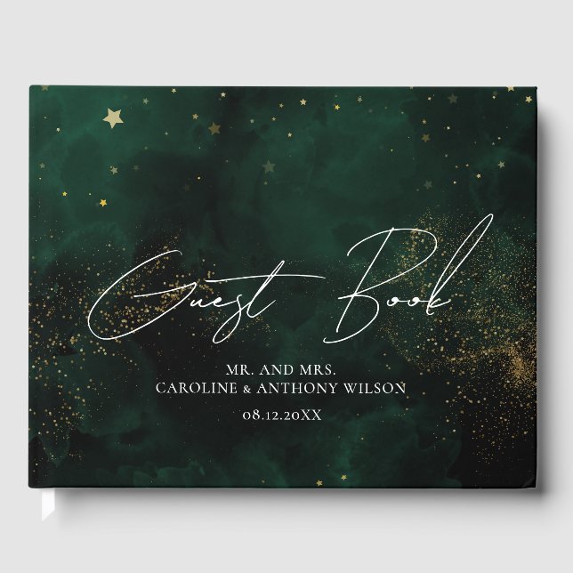 Guest Book Modern Green Black Watercolor Magic (Front)