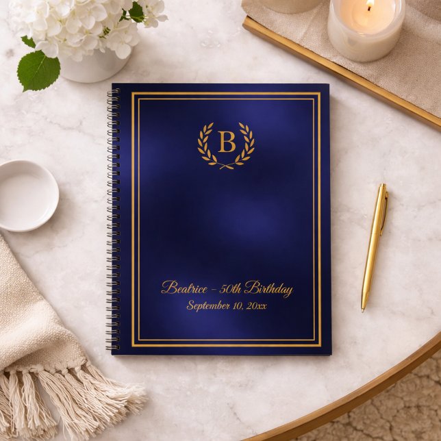 Guest Book navy blue gold Monogram wreath Birthday (Creator Uploaded)