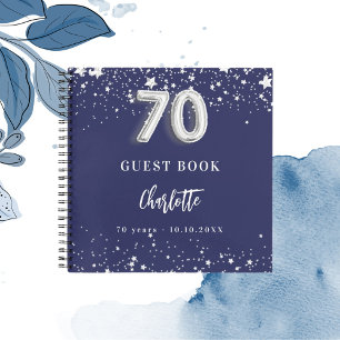 Guest book navy blue silver stars 70th birthday